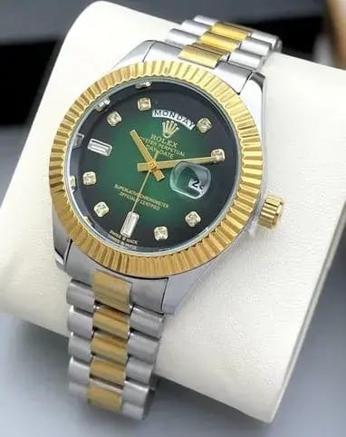 Rolex Watches For Men – Rolex Oyster Perpetual Day Date Green Dial Diamond Gold and Silver Watch